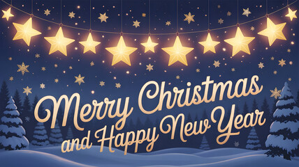 Merry christmas and happy new year greeting card with glowing star lights in a snowy forest