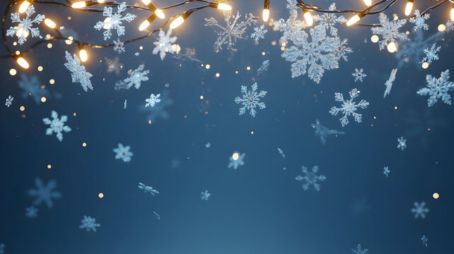 Falling snow and glowing string lights border on a dark blue winter background - Powered by Adobe