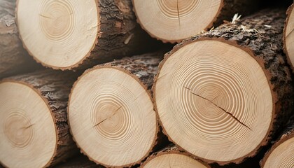 Close-up of stacked logs showing tree rings and bark.