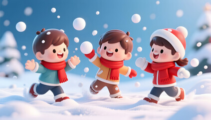Naklejka premium Kids enjoying a snowball fight in winter