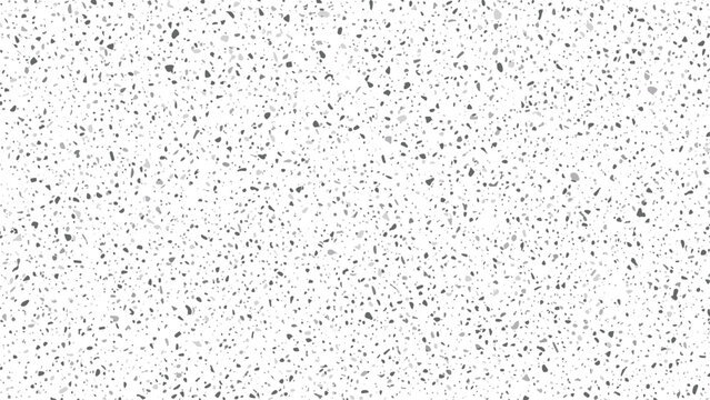 Seamless terrazzo flooring pattern with small grey and black chips on a white background, creating a modern and minimalist texture.