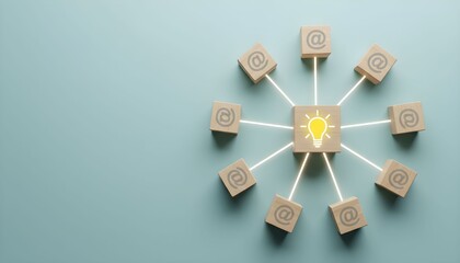 Wooden block with a lightbulb icon connecting to a network of blocks with email symbols, representing idea sharing and communication.