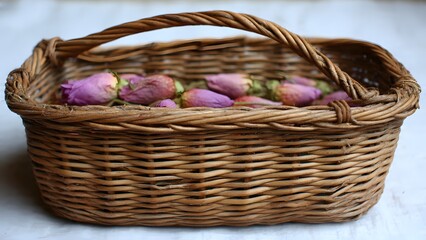 Obraz premium Rustic Aesthetic Wicker Basket of Pink Rosebuds, a Charming Floral Display