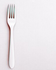 A single silver fork is isolated against a textured white background. The image is minimalist and clean.