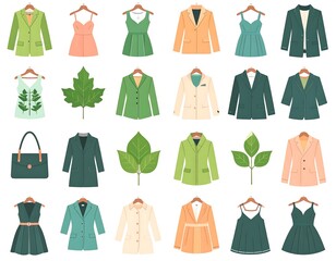 Assortment of garments on hangers beside plant leaves, featuring various jackets and dresses in diverse styles