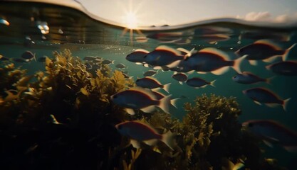 Underwater Fish School, Ocean Life Seaweed, Sunlight, Marine Ecosystem