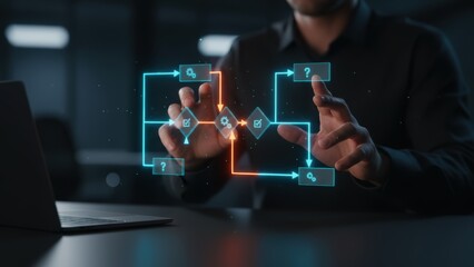 Businessman interacting with digital workflow automation for process optimization