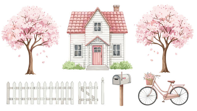 Charming watercolor collection for spring with a cute house, blooming cherry blossom trees, a bicycle, and a picket fence.