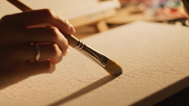 Painting brush held by hand over blank with warm light and textured brushes creating calm, cozy artistic atmosphere for creativity and hobby close up art expression