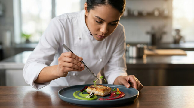 Female chef carefully plating a gourmet dish in a professional kitchen
