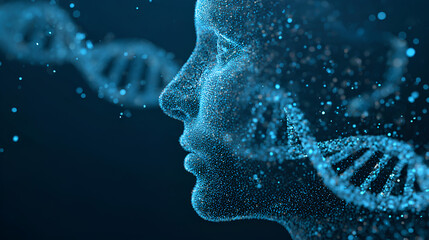 Digital Human face and DNA double helix on a blue technology background. DNA molecule hologram and AI robot head. Futuristic biotechnology and Science tech concept. Vector healthcare illustration.