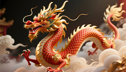 Red gold Chinese dragon soaring in clouds