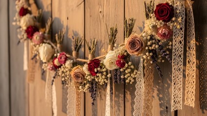 Rustic Aesthetic Flower Garland with Lace and Ribbons on Wooden Background