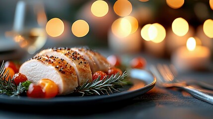 Close-up of sliced roasted chicken breast on a plate, garnished with cherry tomatoes and rosemary, with a blurred background of lights and candles, creating a f