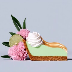 A slice of key lime pie is decorated with flowers and whipped cream. The dessert is set against a light background.