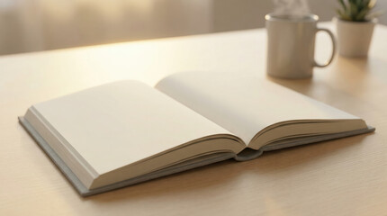 Fototapeta premium Open blank book on wooden table with steaming cup and plant