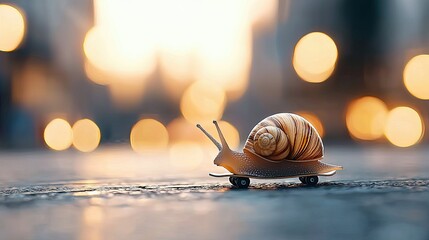 A snail rides a skateboard on a street, with blurred bokeh lights in the background. The image has a warm, dreamy feel.