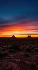 Vast and colorful southwestern sky at twilight, showcasing incredible natural beauty. Deep blues merge with warm oranges and reds above an open landscape ,natural ,artistic ,clouds
