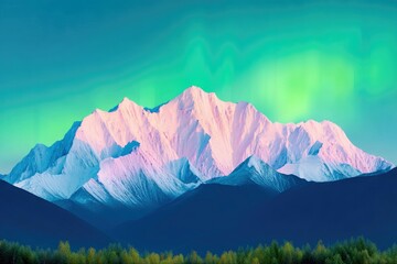A scenic landscape featuring snow-covered mountains under a vibrant sky with the aurora borealis, illuminated by the sunset.