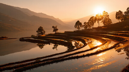 Terraced rice fields reflecting sunlight at golden hour