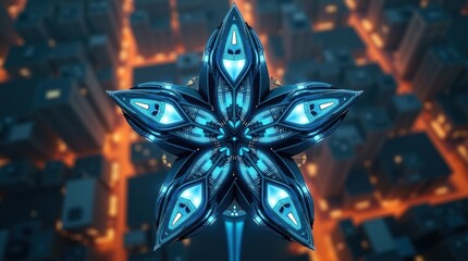 Futuristic star shaped mechanical object with glowing blue lights