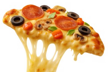 Pizza slice pulling stringy melted cheese with pepperoni, olives, and mushrooms on transparent background