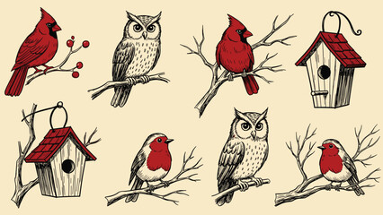 Fototapeta premium Hand-drawn vintage collection of winter birds, including cardinals, owls, and robins, with rustic wooden birdhouses.