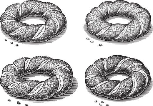 Vintage engraved Turkish simit sesame ring icon set featuring twisted dough texture, crunchy seeds and classic bakery style