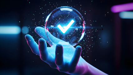 hand holding a glowing neon arrow, Hand holds glowing blue checkmark in circle on dark background. Represents digital confirmation choice, approval or data collection in online marketing context. Conc