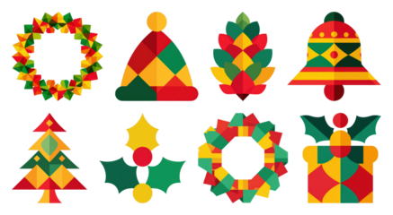 PNG Colorful geometric Christmas icons, element set on transparent background