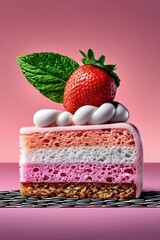 A slice of colorful layered cake topped with a fresh strawberry, mint leaf, and cream, set against a pink background.