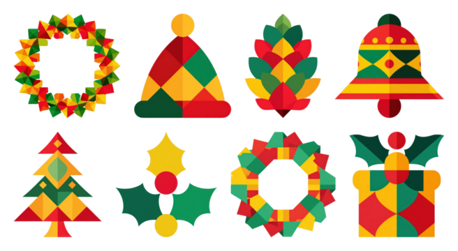 PNG Colorful geometric Christmas icons, element set on transparent background