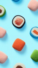 Overhead shot of various sushi rolls arranged on a light blue background. The rolls are colorful and arranged in a pattern.