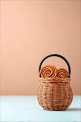 A wicker basket filled with swirl pastries sits on a light blue table against a peach-colored background. The pastries are brown and the basket has a black hand