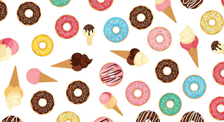 A fun and colorful seamless pattern of various sweet treats, including frosted donuts and different flavors of ice cream cones.