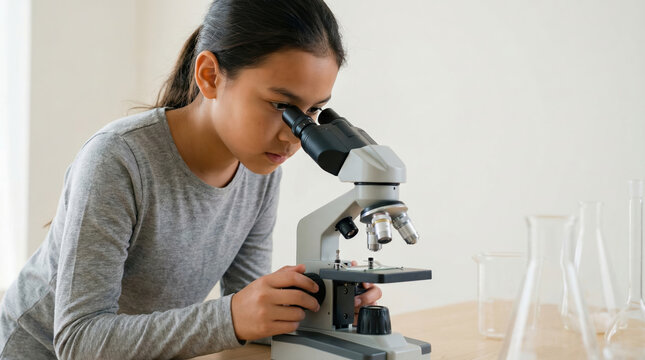 Young girl looking through a microscope in a science class