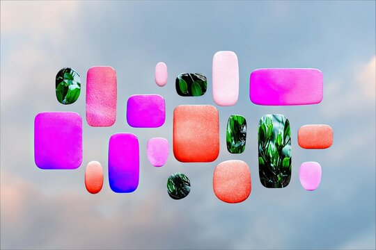 An abstract composition featuring various shapes with gradient colors and plants, floating against a cloudy sky.