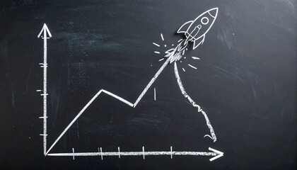 Chalkboard line graph with rocket launch from sharp incline and steep drop