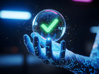 hand holding a glowing neon arrow, Hand holds glowing blue checkmark in circle on dark background. Represents digital confirmation choice, approval or data collection in online marketing context. Conc
