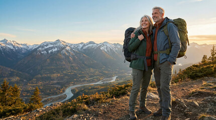 Happy senior couple hiking and enjoying mountain view at sunrise