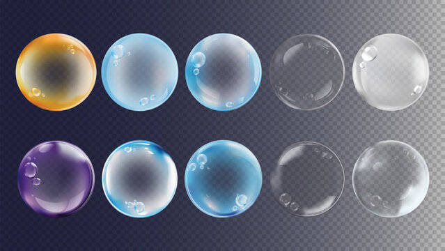 Set of colorful transparent bubbles on a dark background. Includes clear, blue, orange, and purple bubbles. Glossy, reflective, and varied in color. Soap bubble element