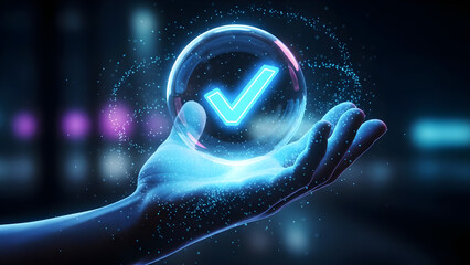 hand holding a glowing neon arrow, Hand holds glowing blue checkmark in circle on dark background. Represents digital confirmation choice, approval or data collection in online marketing context. Conc