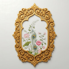 Elaborate Gold Oval Frame with Floral and Peacock Feather Design ornate intricate isolated on a transparent background
