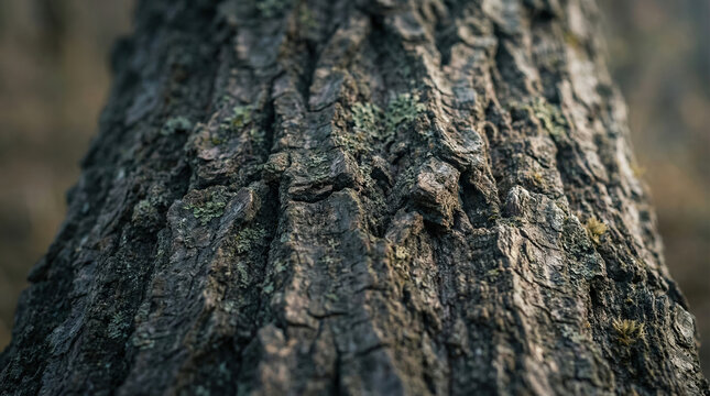 Close-up of rough tree bark with green moss and lichen