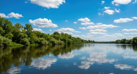 Fototapeta premium Serene river reflecting a vibrant sky. Lush green trees line the water's edge, creating a tranquil landscape under a partly cloudy blue sky