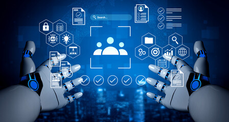A high-tech image featuring robotic hands engaging with a digital interface. The illustration symbolizes advanced technology and modern data interaction in a futuristic setting. Gantry