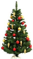 Festive Christmas Tree Decorated with Red and Gold Ornaments and Glittering Baubles Perfect for Holiday Season Celebrations and Winter Decorations