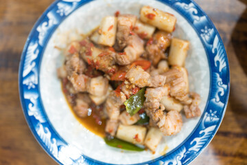 Stir fried pork with shrimp paste. Top view. Thai food