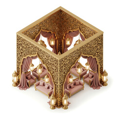 Isometric Golden Pavilion with Pink Sofas and Hanging Lanterns cube ornate isolated on a transparent background