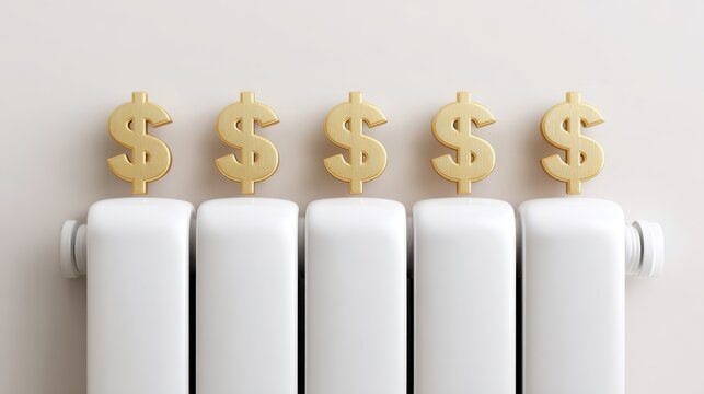 White hydronic heating radiator with dollar signs radiating from the top, creating a unique visual effect against a plain wall background